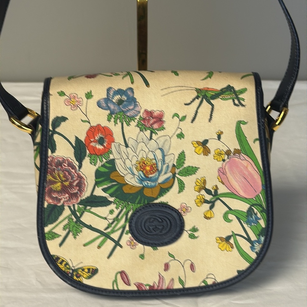 Gucci Vintage Flora Crossbody Bag | Black Leather Trim - Picture 2 of 10